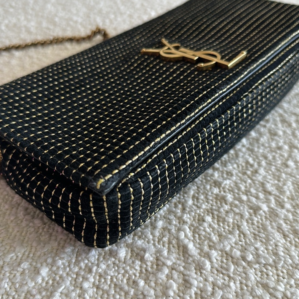 Yves Saint Laurent Suede Contrast Stitching Monogram Kate 99 Black Gold Bag - Picture 5 of 10